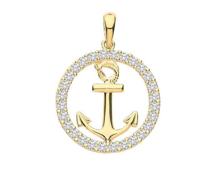 9ct Yellow Gold Nautical Anchor Cz Surround Charm Pendant - Real 9K Gold