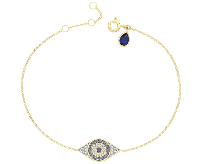 Ladies 9ct Yellow Gold Teardrop Cz Evil Eye 7.25" Bracelet Hallmarked - Real 9K Gold