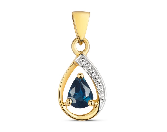 9ct Yellow Gold & Diamond 8x6mm Pear Cut Blue Sapphire Halo Pendant - Real 9K Gold