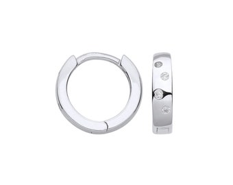 925 Sterling Silver 13mm Diameter Scattered Cz Hinged Huggies Hoop Earrings