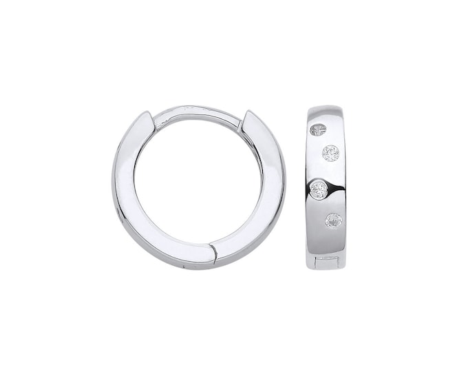925 Sterling Silver 13mm Diameter Scattered Cz Hinged Huggies Hoop Earrings