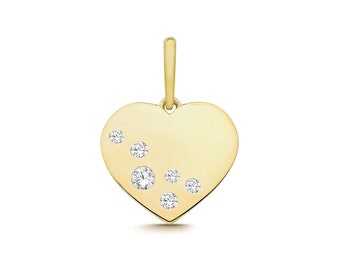 Small 9ct Yellow Gold 11mm Scattered Cz Heart Tag Charm Pendant - Solid 9K Gold