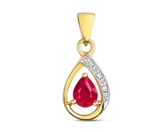 9ct Yellow Gold & Diamond 8x6mm Pear Cut Red Ruby Halo Pendant - Real 9K Gold