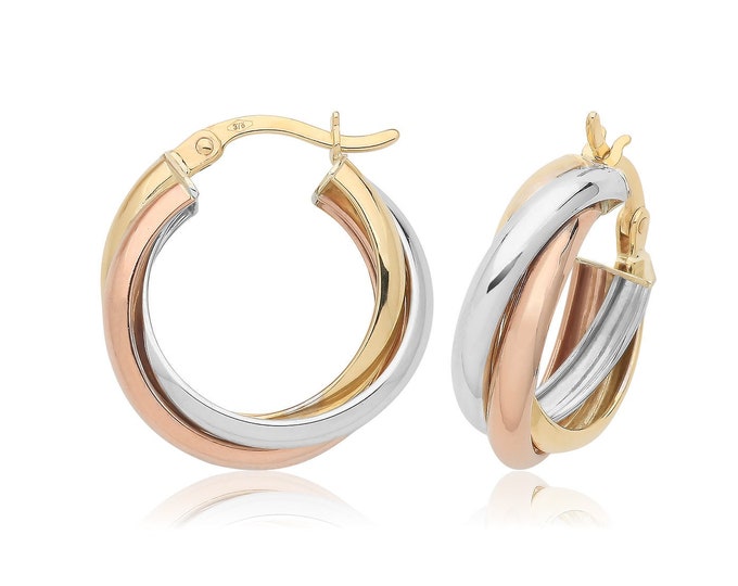 9ct Tri Colour Gold 12mm Wedding Hoop Earrings Hallmarked - Real 9K Gold