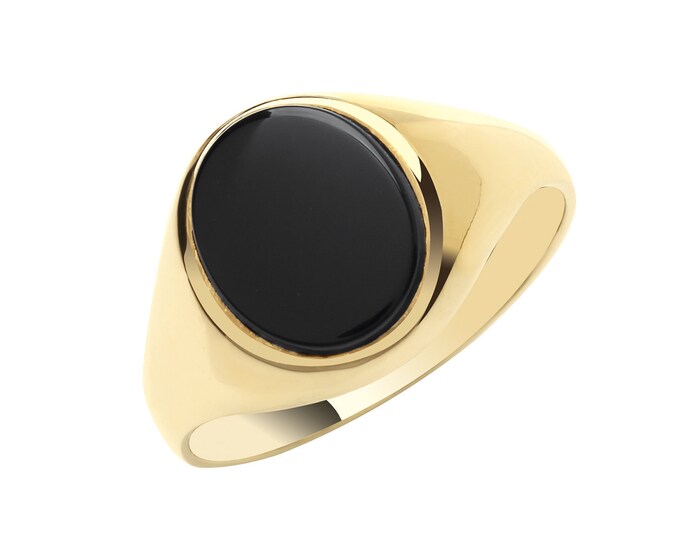 Men's 9ct Yellow Gold 12x10mm Oval Black Onyx Signet Ring With Plain Sides - Real 9K Gold