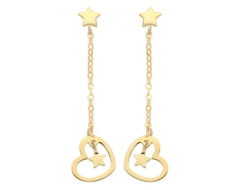 9ct Yellow Gold Heart & Stars Chain Link 2cm Drop Earrings - Real 9K Gold