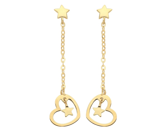 9ct Yellow Gold Heart & Stars Chain Link 2cm Drop Earrings - Real 9K Gold