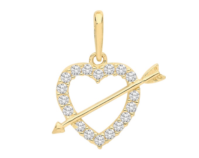 9ct Yellow Gold Heart & Cupid Arrow Cz Surround Charm Pendant Solid 9K Gold