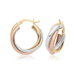 9ct Tri Colour Gold 12mm Wedding Hoop Earrings Hallmarked - Real 9K Gold