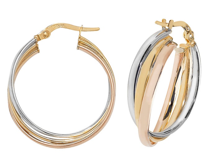 9ct Tri Colour Gold 20mm Wedding Hoop Earrings Hallmarked - Real 9K Gold