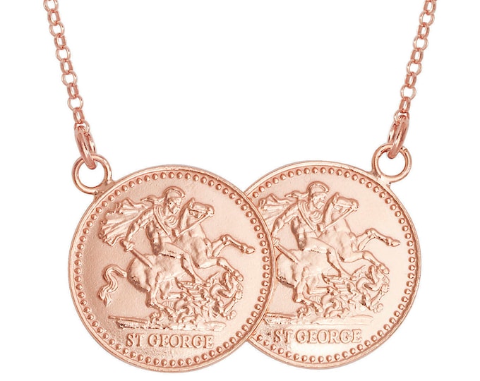 Rose Gold on Sterling Silver St George Double Half Sovereign Coin 17" Necklace