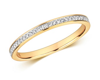 9ct Yellow Gold 2mm Slight Court Profile 0.11ct Grain Half Set Diamond Eternity Ring Hallmarked - Solid 9K Gold