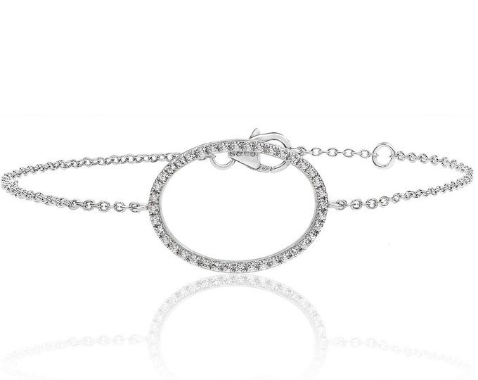 925 Sterling Silver Open Oval Halo Cz 7" Bracelet Rhodium Plated