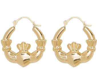 9ct Yellow Gold 20mm Hollow Irish Claddagh Creole Hoop Earrings - Real 9K Gold