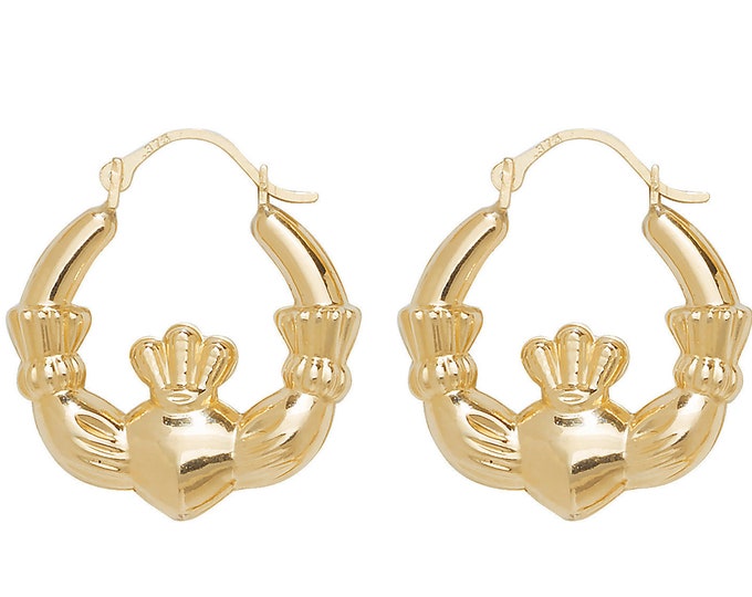 9ct Yellow Gold 20mm Hollow Irish Claddagh Creole Hoop Earrings - Real 9K Gold