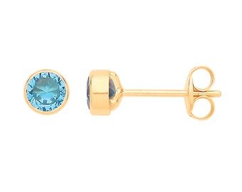 Pair of 9ct Yellow Gold 4mm Bezel Set Blue Cz Stud Earrings - Real 9K Gold