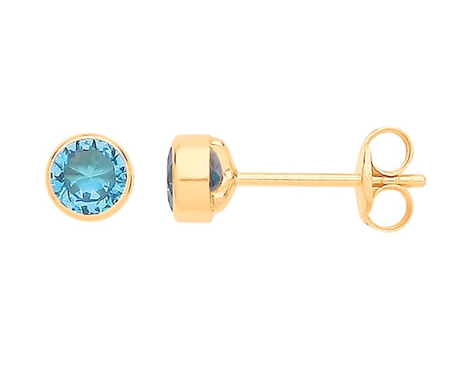 Pair of 9ct Yellow Gold 4mm Bezel Set Blue Cz Stud Earrings - Real 9K Gold