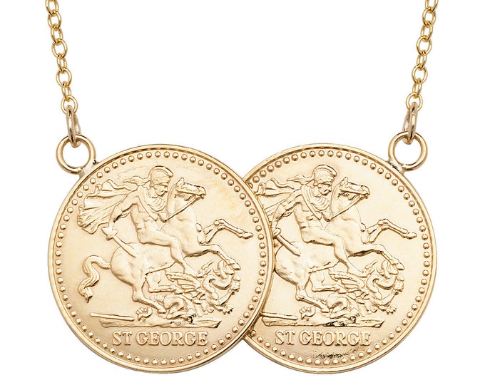 Solid 9ct Gold St George Double Full Sovereign Coin 17" Necklace - Hallmarked 9K Gold