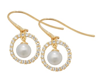 9ct Yellow Gold 3.5mm Cultured Pearl & Cz Circle of Life Fish Hook Drop Earrings - Real 9K Gold