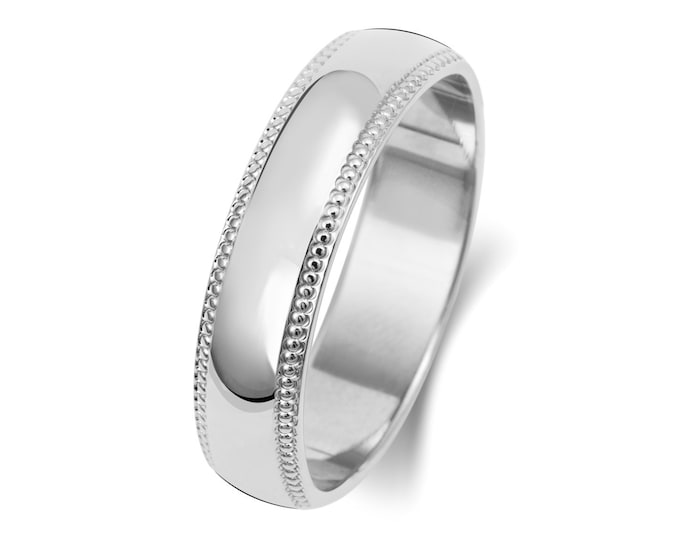 9ct White Gold D-Shape Millgrain Edge Wedding Ring Hallmarked Widths 3mm-6mm Sizes J-Z - Solid 9K Gold