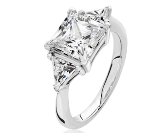 Rhodium Plated 925 Sterling Silver Claw Set Princess & Trillion Cut 3 Stone Cz Engagement Ring