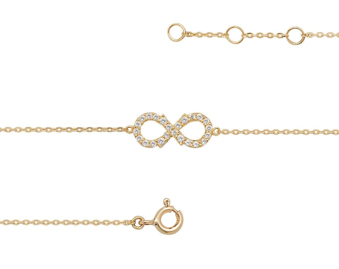 Ladies 9ct Yellow Gold Cz Infinity Link 7.25" Fine Lightweight Chain Bracelet - Real 9K Gold