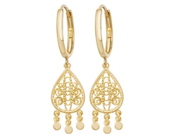 9K Gold 10mm Hinged Hoop Earrings Teardrop Filigree Gypsy Drop Charms - Real 9K Gold