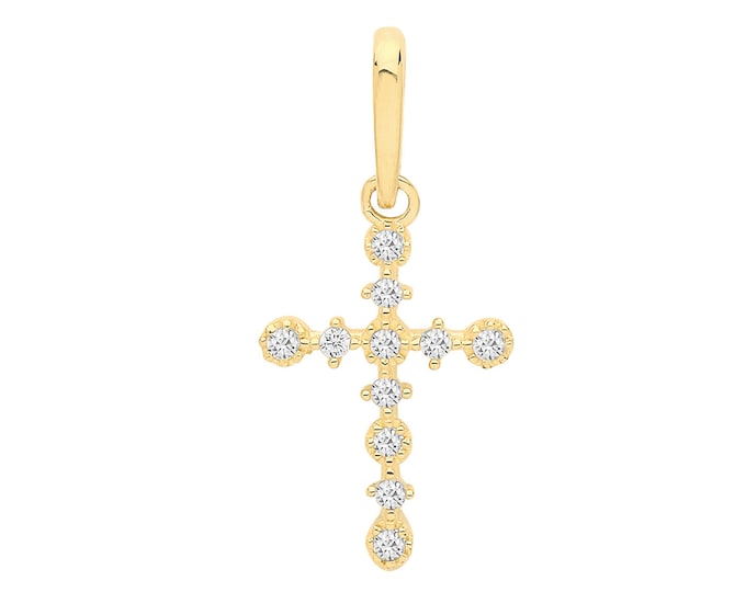 9ct Yellow Gold Small Cross Charm Pendant Claw Set With cz Stones - Real 9K Gold