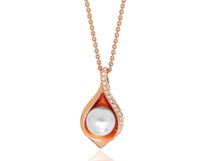 Rose Gold on 925 Sterling Silver Pave Cz Shell Teardrop Pearl Pendant 16"-18" Necklace