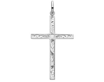 925 Solid Sterling Silver Half Engraved 4cm H Cross Pendant
