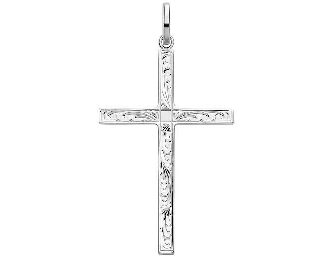 925 Solid Sterling Silver Half Engraved 4cm H Cross Pendant
