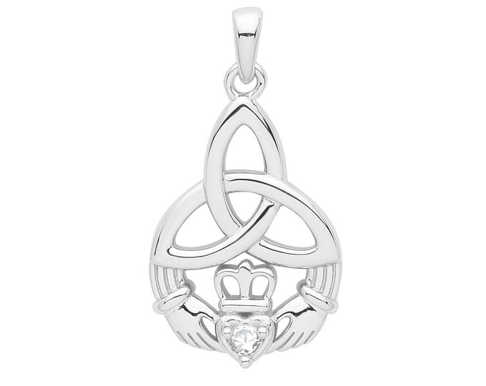 Celtic Knot Irish Claddagh 925 Sterling Silver 20x15mm Pendant Rhodium Plated