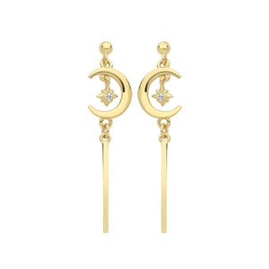 9ct Yellow Gold Half Moon Constellation Stars 2.5cm Bar Drop Earrings - Real 9K Gold