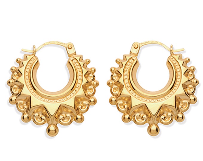 9ct Yellow Gold 12mm Gypsy Creole Spike Hoop Earrings - Real 9K Gold