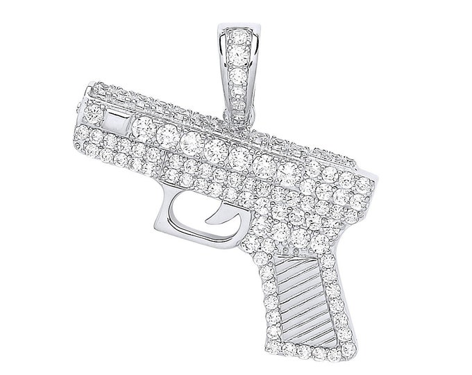 925 Sterling Silver Micro Pave Cz 3.4 cm Pistol Design Pendant