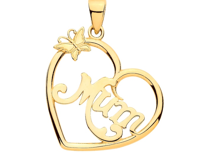 9K Gold 20mm Heart Shaped MUM Pendant With Butterfly - Solid 9K Gold