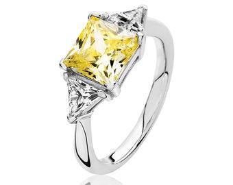 Rhodium Plated 925 Sterling Silver Claw Set Yellow Princess & Trillion Cut 3 Stone Cz Engagement Ring