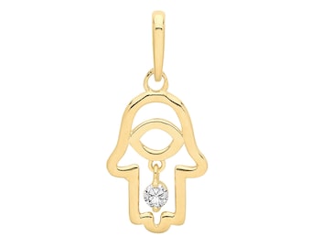9ct Yellow Gold Cz Small Cut Out Hamsa Hand Charm Pendant - Real 9K Gold