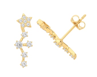 9ct Yellow Gold 12mm Pave Cz Constellation Stars Climber Stud Earrings- Real 9K Gold