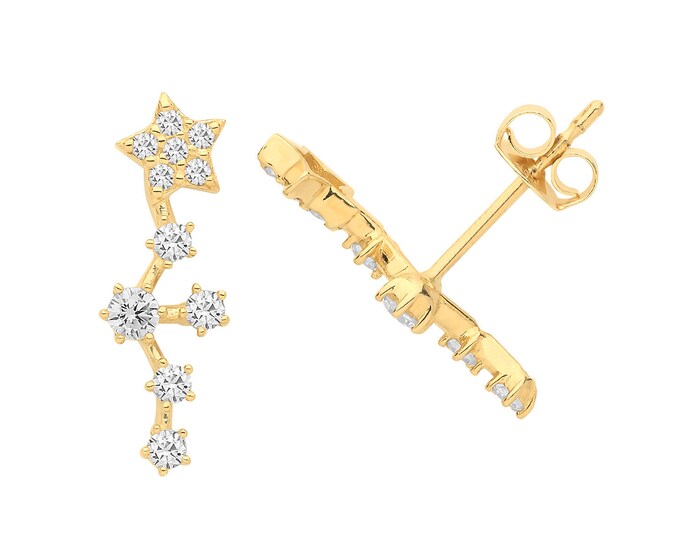 9ct Yellow Gold 12mm Pave Cz Constellation Stars Climber Stud Earrings- Real 9K Gold