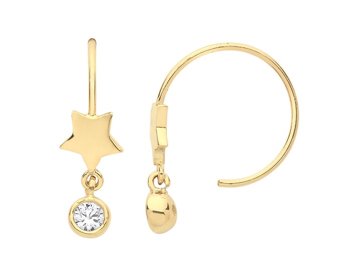 9K Yellow Gold 10mm Threader Hoop Earrings With 4mm Star Cz Charm Droplet - Real 9K Gold