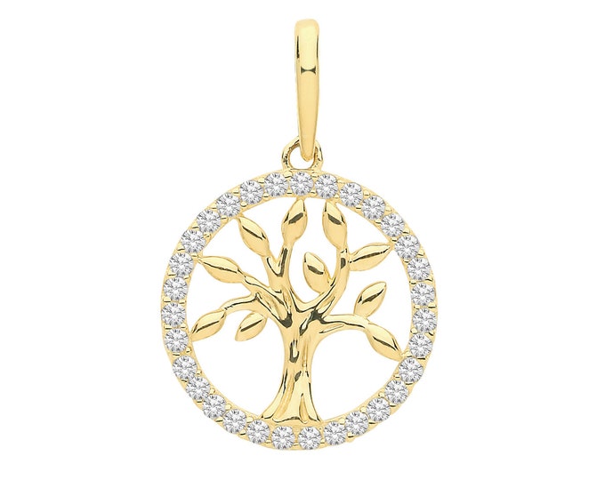 9ct Yellow Gold Small Tree of Life Cz Surround Disc Charm Pendant - Real 9K Gold