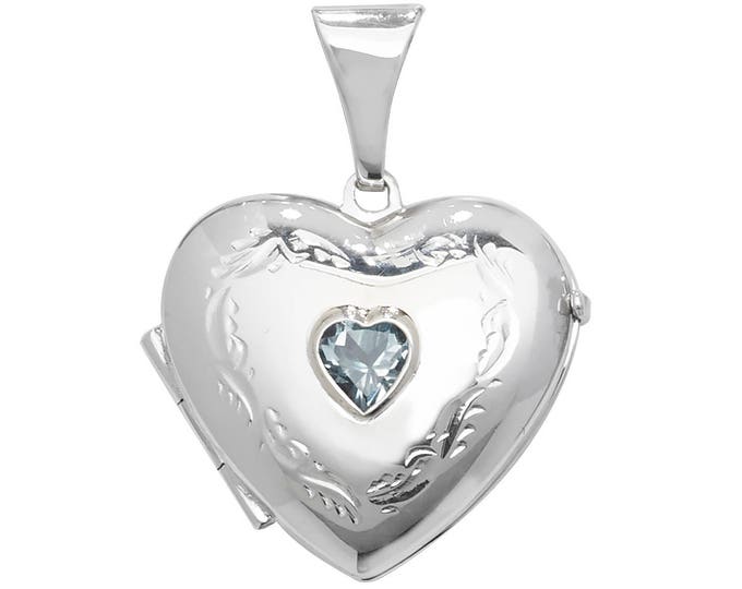 925 Sterling Silver Engraved Heart Shaped 2 Photo Locket With Centre Blue Topaz