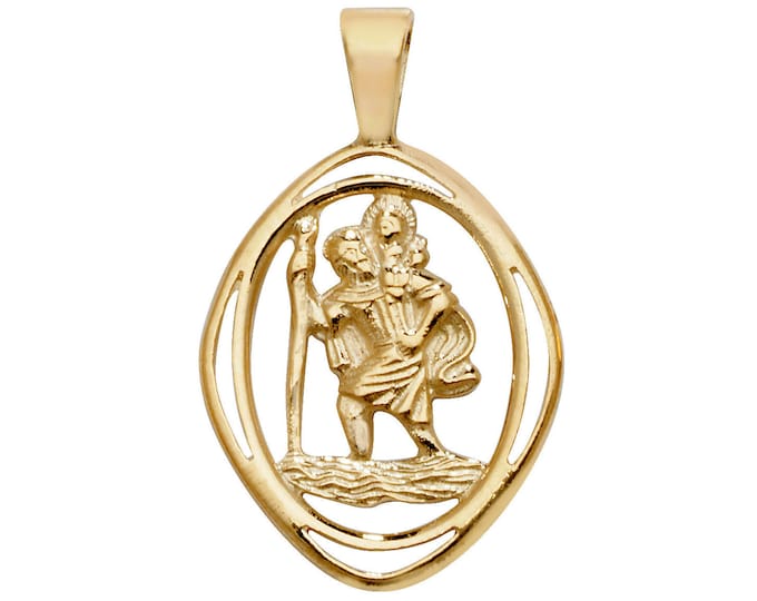 9ct Yellow Gold Cut Out Oval St Christopher Medallion Charm Pendant Hallmarked - Real 9K Gold