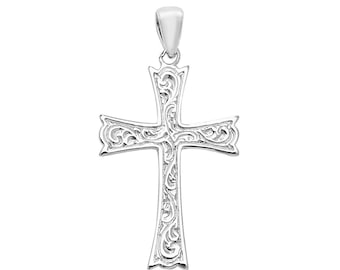 925 Solid Sterling Silver 3cm Celtic Scroll Embossed Design Cross Pendant