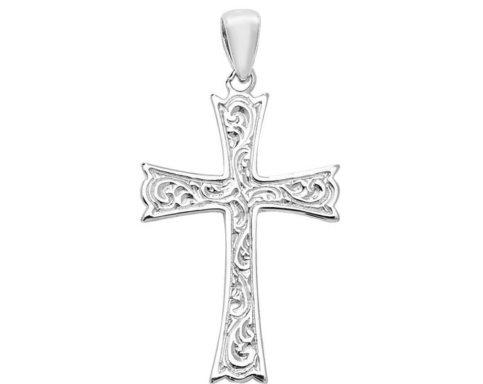 925 Solid Sterling Silver 3cm Celtic Scroll Embossed Design Cross Pendant