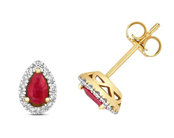 9ct Yellow Gold 5x3mm Pear Cut Ruby Stud Earrings 0.07ct Pave Diamond - Real 9K Gold