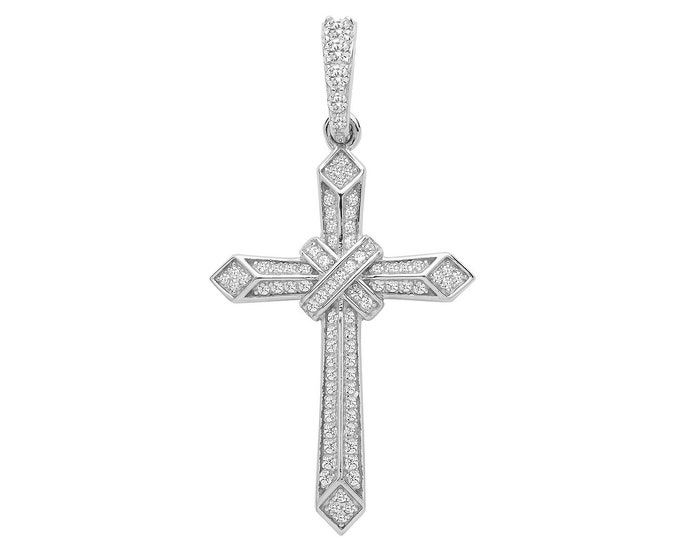 925 Sterling Silver Fancy Cz Crossover Cross Pendant 35x20mm