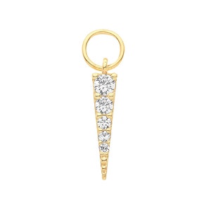 May include: Gold charm with a pointed shape and a row of clear cubic zirconia stones. The charm has a loop at the top for attaching to a necklace or bracelet.