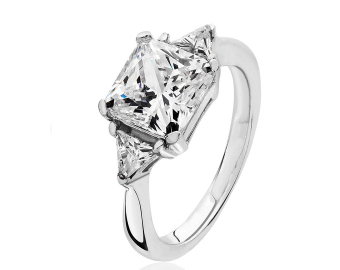 Rhodium Plated 925 Sterling Silver Claw Set Asscher & Trillion Cut 3 Stone Cz Engagement Ring